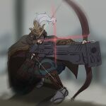  aiming armor armored_core armored_core_6 ashina_genichirou black_hair bow_(weapon) coat full_body gun hakama hakama_pants helmet holding holding_gun holding_weapon japanese_armor japanese_clothes kabuto_(helmet) male_focus on_one_knee open_clothes open_coat pants pleated_pants rikonojan samurai sekiro:_shadows_die_twice short_hair shotgun solo sword weapon 
