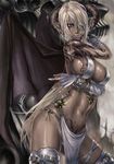  alternate_color areolae blonde_hair blue_eyes breasts curvy dark_skin demon_girl earrings eyepatch gloves horns jewelry large_breasts long_hair nail_polish navel original pointy_ears pubic_tattoo sadakage solo succubus tattoo white_nails 