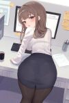 1girl ass bent_over bitseon black_bra black_skirt bra bra_visible_through_clothes breasts brown_eyes brown_hair brown_pantyhose coffee_mug commission computer cup from_behind highres large_breasts long_hair long_sleeves looking_at_viewer looking_back miniskirt mug office_lady open_mouth original panties_visible_through_clothes pantyhose pencil_skirt see-through_clothes shirt shirt_tucked_in skirt solo standing underwear white_shirt 