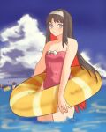  1boy 3girls absurdres alternate_costume black_hair blue_eyes blue_sky cloud day ezekquel flat_chest hairband highres hisui_(tsukihime) innertube kohaku_(tsukihime) looking_at_viewer multiple_girls ocean one-piece_swimsuit outdoors partially_submerged red_hair red_one-piece_swimsuit short_hair siblings sisters sky swim_ring swimsuit tohno_akiha tohno_shiki tsukihime twins water white_hairband 