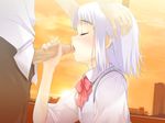  1girl closed_eyes fellatio game_cg haimura_kiyotaka hand_on_head hetero licking oral penis ribbon saliva school_uniform shiraki_aeka short_hair solo_focus sunset tongue uncensored white_hair yume_miru_kusuri 