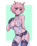  1girl ashido_mina black_gloves black_legwear black_sclera boku_no_hero_academia border breasts cameltoe choker cleavage cowboy_shot donburikazoku garter_belt gloves green_background horns large_breasts messy_hair navel panties pink_hair pink_skin short_hair smile solo standing thighhighs underwear underwear_only white_border yellow_eyes 