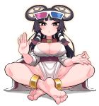  1girl 3d_glasses areolae blush breasts cleavage facial_mark feet forehead_mark gashi-gashi highres japanese_clothes jewelry looking_at_viewer medium_breasts necklace no_bra spread_legs 