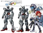  2girls ^^^ absurdres ahoge aqua_eyes arms_at_sides black_footwear black_jacket black_pants blue_coat bodysuit closed_mouth coat commentary_request cool_(gundam_suisei_no_majo) crossed_legs dress_pants facial_mark formal full_body green_eyes grey_eyes grey_hair gundam gundam_calibarn gundam_suisei_no_majo hair_between_eyes hair_over_shoulder hard_hat helmet high-visibility_clothing high-visibility_vest highres holding holding_helmet hots_(gundam_suisei_no_majo) interlocked_fingers invisible_chair jacket long_hair looking_at_viewer mecha mecha_pilot_suit miorine_rembran mobile_suit multiple_girls multiple_views open_clothes open_coat own_hands_together pants pilot_helmet red_hair redesign robot science_fiction shirt short_eyebrows sitting size_comparison smile space_helmet standing suit_jacket suletta_mercury thick_eyebrows traffic_baton translation_request v-fin veerinly white_background white_bodysuit white_shirt 
