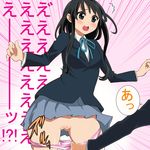  akiyama_mio bad_id bad_pixiv_id black_hair blush k-on! kuroino_(kuroyashiro) panties panty_pull pussy school_uniform solo striped striped_panties surprised surprised_arms translated underwear 