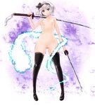  bad_id bad_pixiv_id black_hairband black_legwear breasts cleft_of_venus dual_wielding ghost hairband hitodama holding katana konpaku_youmu konpaku_youmu_(ghost) kuroino_(kuroyashiro) legs nipples nude pussy short_hair silver_hair skindentation small_breasts solo standing sword thighhighs touhou uncensored weapon white_hair 