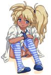  :p blonde_hair blue_eyes blue_legwear blush censored copyright_request dark_skin gyaru hisakawa_riho kogal long_hair panties panty_pull pussy shoes side_ponytail sitting solo striped striped_legwear thighhighs tongue tongue_out underwear uwabaki 