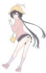 1girl absurdres ass bag blue_archive grey_eyes grey_halo halo hat highres kindergarten_bag kindergarten_uniform kisaki_(blue_archive) kisaki_(kindergarten_uniform)_(blue_archive) low_twintails out_of_character panties pink_shirt s10021 school_hat shirt simple_background socks twintails underwear v white_socks yellow_bag yellow_hat 