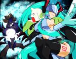  1girl bare_shoulders black_thighhighs breasts clothing_cutout commentary cosplay covered_eyes diablomon digimon digimon_(creature) english_commentary green_hair hatsune_miku hatsune_miku_(cosplay) helmet helmet_over_eyes horns large_breasts number_tattoo sideboob single_horn spring_onion stomach_cutout supermondobeat tattoo terriermon_joshu thighhighs twintails vocaloid 