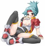  blush breasts endou_masatoshi full_body gloves headband hinata_(pokemon) large_breasts legs nipples pokemon pokemon_ranger pokemon_ranger_uniform shoes simple_background sneakers solo spandex thighhighs white_background 