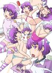  1girl @_@ bikini capsule character_sheet cuffs drooling drugged drugs futaba_channel grin handcuffs highres hinemosu_notari imoge maid_headdress micro_bikini nijiura_maids non-web_source nurse open_mouth panties pee peeing pill purple_eyes purple_hair saliva shimonkin short_hair slingshot_swimsuit smile striped striped_legwear striped_panties suppository swimsuit syringe tears thighhighs thong underwear yakui 