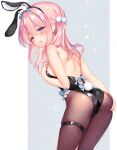  1girl animal_ears ass bare_shoulders black_leotard black_pantyhose blush breasts cameltoe fake_animal_ears fake_tail fishnet_pantyhose fishnets from_behind hand_on_own_ass hand_on_own_chest leaning_forward leotard long_hair looking_back original pantyhose pink_eyes pink_hair playboy_bunny rabbit_ears rabbit_tail ribbon sazaki_ichiri solo strapless strapless_leotard tail thigh_strap thighs 