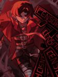  1boy black_shirt brown_hair brown_pants cape capelet censored_(e.g.o) closed_mouth collared_shirt cowboy_shot crimson_scar_(e.g.o) e.g.o_(project_moon) employee_(project_moon) highres lobotomy_corporation looking_at_viewer necktie pants parted_bangs project_moon red_background red_cape red_capelet red_eyes red_necktie roier shirt simple_background smile solo 