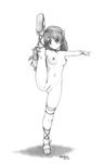  athena_(series) bad_vulva breasts censored cleft_of_venus fingerless_gloves flexible full_body gloves greyscale hairband harumachi_nagaaki highres leg_lift legs long_hair medium_breasts monochrome navel nipples nude plantar_flexion princess_athena pussy sandals single_glove smile snk solo split standing standing_on_one_leg standing_split stretch wristband 