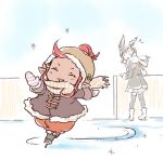  2girls alternate_costume beanie brown_hair eyes_closed flying_sweatdrops funf gloves granblue_fantasy harvin hat hoshikuzushi ice_skates ice_skating jacket_on_shoulders multiple_girls red_hair scarf skates skating skirt song_(granblue_fantasy) sparkle thighhighs 