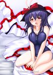  bare_shoulders blush bow breast_squeeze breasts cum cum_on_clothes cumdrip facial hat kneeling large_breasts nagae_iku one-piece_swimsuit open_mouth purple_hair red_eyes school_swimsuit solo swimsuit touhou tsukudani_shirou 