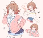  1girl ^_^ ahoge blue_overskirt blue_ribbon blue_skirt blush brown_hair cardigan closed_eyes commentary_request cropped_shirt food gakuen_idolmaster grin hanami_ume hatsuboshi_gakuen_school_uniform highres idolmaster looking_at_viewer multiple_views neck_ribbon onigiri orange_hair pink_cardigan pleated_skirt ribbon school_uniform shirt skirt smile taya_(geshutarutoto) thighhighs translation_request triangle_hands upper_body white_shirt white_thighhighs 
