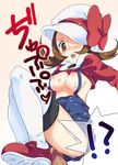  1girl blush breasts brown_hair censored hat hat_ribbon kotone_(pokemon) large_breasts mosaic_censoring nakamura_sandayo overalls overalls_aside panties panties_aside penis pokemon pokemon_(game) pokemon_hgss red_ribbon ribbon sex shirt_lift squatting thighhighs translation_request underwear vaginal white_legwear 