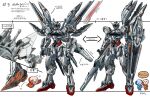  absurdres arm_shield arms_at_sides arrow_(symbol) beam_cannon clenched_hand commentary_request cool_(gundam_suisei_no_majo) energy_cannon full_body green_eyes gundam gundam_calibarn gundam_suisei_no_majo highres holding_cannon hots_(gundam_suisei_no_majo) mecha mecha_focus mechanical_wings mobile_suit multiple_views no_humans open_hand redesign robot science_fiction speech_bubble standing thrusters translation_request v-fin veerinly white_background wings 