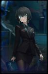  1girl absurdres allmind_(armored_core_6) armored_core armored_core_6 black_hair black_necktie black_pantyhose black_shirt black_skirt collared_shirt cropped_legs earrings green_eyes green_shirt highres indoors jewelry jyugomio long_sleeves looking_back medium_hair mole mole_under_eye necktie open_mouth pantyhose shirt skirt smile solo standing 