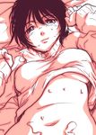  blush breasts copyright_request cum cum_on_body cum_on_upper_body large_breasts lying monochrome out-of-frame_censoring sakaki_imasato smile solo sweat underboob 