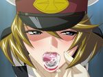  after_sex blonde_hair blue_eyes blush chin_grab cum cum_in_mouth cum_on_tongue gundam gundam_seed gundam_seed_destiny hat lipstick looking_away makeup military military_uniform open_mouth peaked_cap short_hair solo_focus takapiko talia_gladys tongue uniform 