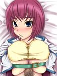  bed belt black_eyes blush breasts hazuki_yuu hunter_(ragnarok_online) large_breasts lying paizuri paizuri_under_clothes penis pink_hair pov ragnarok_online short_hair solo_focus sweat uncensored underboob 