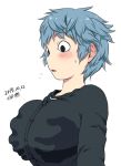  1girl blue_hair blush breast_grab breasts grabbing large_breasts shirt short_hair solo striped striped_shirt tsukudani_(coke-buta) 