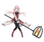  1girl black_necktie black_pantyhose boots cage coat e.g.o_(project_moon) employee_(project_moon) fire frilled_sleeves frills highres holding holding_polearm holding_weapon isamu_(gaioo0303) laetitia_(e.g.o) lamp_(e.g.o) lobotomy_corporation long_hair long_sleeves looking_at_viewer low_twintails necktie open_mouth pantyhose pink_eyes pink_hair polearm project_moon red_coat red_footwear red_vest shirt sleeveless sleeveless_coat smile solo twintails very_long_hair vest weapon white_shirt 