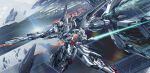 absurdres beam_cannon beam_saber commentary_request debris dual_wielding energy_cannon flying green_eyes gundam gundam_calibarn gundam_suisei_no_majo highres holding holding_cannon holding_sword holding_weapon legs_apart lens_flare mecha mecha_focus mobile_suit no_humans robot science_fiction solo sword thrusters v-fin veerinly weapon 