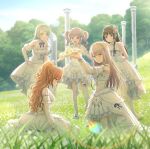  5girls aqua_hair artist_request bang_dream! black_hair breasts brown_eyes brown_hair closed_mouth clothing_cutout commentary_request dress drill_hair field flower flower_field grass green_eyes grey_hair hairband head_wreath hikawa_sayo imai_lisa long_hair medium_breasts minato_yukina multiple_girls official_art open_mouth outdoors purple_eyes purple_hair roselia_(bang_dream!) shirokane_rinko short_sleeves shoulder_cutout teeth thigh_strap twin_drills twintails udagawa_ako upper_teeth_only white_dress white_footwear white_wrist_cuffs wrist_cuffs 