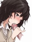  1girl amagami black_hair blush cum cum_in_mouth fellatio handjob hetero ina_(gokihoihoi) messy_hair oral penis pinky_out solo_focus sweater tanamachi_kaoru 