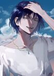  1boy arm_up blue_eyes blue_gemstone blue_hair blue_sky cloud cloudy_sky collarbone day earrings gem hair_between_eyes highres howl_no_ugoku_shiro jewelry looking_at_viewer male_focus necklace open_mouth outdoors single_earring sky solo sriokorr teeth upper_body 