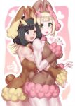  2girls ;) absurdres animal_ears black_eyes black_hair blonde_hair blush breasts commentary_request cosplay fake_animal_ears green_eyes highres hug hug_from_behind lillie_(pokemon) looking_at_another lopunny lopunny_(cosplay) medium_breasts mizuumi_(bb) multiple_girls one_eye_closed open_mouth pokemon pokemon_(game) pokemon_sm revision selene_(pokemon) short_hair smile yuri 