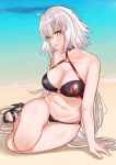  1girl absurdres ahoge arm_support bangs bikini breasts cleavage crossed_bangs fate/grand_order fate_(series) grey_hair hair_between_eyes high_heels highres jeanne_d&#039;arc_alter_(fate) jeanne_d&#039;arc_alter_(swimsuit_berserker)_(fate) large_breasts light_blush long_hair looking_at_viewer ocean outdoors parted_lips sand sandals smile solo strappy_heels swimsuit thigh_gap thighs toes tomotomow00w very_long_hair water white_hair yellow_eyes 
