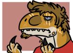  anthro black_claws brown_body brown_hair brown_scales bust_portrait claws dinosaur facial_hair gesture goatee grey_body grey_scales hair imperatorcaesar male messy middle_finger narrowed_eyes portrait reptile scales scalie sharp_teeth short_hair solo teeth 