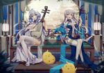  2girls azur_lane belfast_(azur_lane) belfast_(iridescent_rosa)_(azur_lane) breasts calder_(pixiv3698273) china_dress chinese_clothes dress erhu full_body highres illustrious_(azur_lane) illustrious_(maiden_lily&#039;s_radiance)_(azur_lane) incense_burner instrument lamp long_hair looking_at_viewer manjuu_(azur_lane) multiple_girls music official_alternate_costume pipa_(instrument) playing_instrument sitting thighhighs 