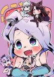  5girls :d ahoge akagi_(azur_lane) animal_ears azur_lane bangs black_bow black_thighhighs blue_eyes blunt_bangs blush bow breasts brown_hair brown_jacket chibi closed_mouth commentary_request covered_mouth fang fox_ears fox_girl fox_tail full_body glisten hair_bow heart heart-shaped_pupils heart_ahoge heterochromia highres indianapolis_(azur_lane) jacket javelin_(azur_lane) kaga_(azur_lane) kitsune large_breasts light_purple_hair long_hair medium_hair miniskirt multiple_girls multiple_tails open_mouth pink_hair portland_(azur_lane) purple_hair red_eyes red_skirt siblings side_ponytail sisters skirt smile symbol-shaped_pupils tail thighhighs turtleneck upper_body very_long_hair white_hair yellow_eyes 