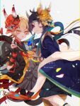  absurdres bishounen blinking blonde_hair cowboy_shot dual_persona facial_mark hannya hannya_(onmyoji) highres japanese_clothes long_sleeves looking_at_viewer mask mask_on_head moto_mitsuashi one_eye_closed oni_mask onmyoji red_eyes slit_pupils sparkle wide_sleeves yellow_eyes 