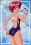  1990s_(style) 1girl adjusting_clothes adjusting_swimsuit ass blue_eyes blush company_name competition_swimsuit copyright cowboy_shot day framed goggles highres hinomoto_hikari holding holding_goggles kokura_masashi looking_at_viewer mole mole_under_eye non-web_source official_art one-piece_swimsuit red_hair retro_artstyle short_hair sky solo swimsuit tokimeki_memorial tokimeki_memorial_2 wet 