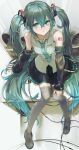  1girl absurdres aqua_hair aqua_necktie boots hatsune_miku highres long_hair looking_at_viewer necktie nik_ibi sitting skirt sleeveless solo tattoo thigh_boots tie_clip twintails very_long_hair vocaloid 