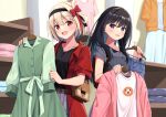  2girls black_hair blonde_hair highres holding holding_clothes inoue_takina long_hair looking_at_viewer lycoris_recoil multiple_girls nishikigi_chisato open_mouth purple_eyes red_eyes red_shirt shirt short_hair smile syurimp 