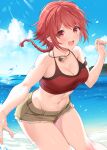  1girl :d bare_arms bare_shoulders braid breasts brown_shorts cleavage cloud commission crop_top cutoffs day halterneck highres jewelry long_hair looking_at_viewer medium_breasts midriff navel necklace ocean open_mouth original outdoors red_eyes red_hair red_shirt shirt short_shorts shorts single_braid skeb_commission sleeveless sleeveless_shirt smile solo spaghetti_strap stomach thighs umeyuki 