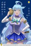  1g_no_izumi ;d alcohol aqua_(konosuba) bangs beads beer blue_background blue_eyes blue_hair blue_skirt bow breasts cloud cup detached_sleeves folded_fan folding_fan green_bow hair_beads hair_ornament hand_fan hand_on_hip highres holding holding_cup holding_fan isome kono_subarashii_sekai_ni_shukufuku_wo! large_breasts long_hair long_sleeves miniskirt one_eye_closed open_mouth pleated_skirt skirt smile standing very_long_hair wooden_cup 