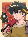  1no_se_hi_na backpack bag bandana black_hair closed_mouth dual_persona hibiki_ryouga highres holding holding_umbrella logo looking_at_viewer p-chan pig piglet ranma_1/2 red_umbrella umbrella yellow_eyes 