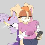  1:1 2022 anthro big_breasts blaze_the_cat blush bodily_fluids breast_grab breasts cellphone clothed clothing domestic_cat duo eyelashes felid feline felis female female/female forehead_gem hand_on_breast hi_res holding_cellphone holding_object holding_phone holding_smartphone huge_breasts kappa_spark lactating lactating_through_clothing lagomorph leporid mammal phone rabbit sega simple_background smartphone sonic_the_hedgehog_(series) vanilla_the_rabbit wet wet_clothing wide_eyed 