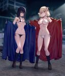  2girls absurdres armpits ass_visible_through_thighs bikini black_bikini black_hair black_socks blonde_hair blue_coat blurry blurry_background blush breasts closed_mouth coat exhibitionism full_body grin groin hair_ribbon highres holding inoue_takina large_breasts long_hair looking_at_viewer lycoris_recoil medium_breasts medium_hair micro_bikini multiple_girls navel night nishikigi_chisato open_clothes open_coat outdoors public_indecency purple_eyes red_coat red_eyes red_ribbon ribbon shoes short_hair side-tie_bikini smile socks standing stomach stoner08 straight_hair string_bikini swimsuit thigh_gap thighs trench_coat underboob white_bikini 