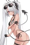  1girl ass bare_shoulders bikini black_bikini black_bow black_choker black_gloves black_ribbon blue_archive blush bow choker demon_tail eyewear_on_head fang gloves grey_background grey_hair hair_bow hair_over_one_eye half_gloves halo highres iori_(blue_archive) iori_(swimsuit)_(blue_archive) long_hair looking_at_viewer open_mouth pointy_ears purple_eyes ribbon sentouryoku_5 shiny shiny_skin simple_background skin_fang skindentation solo sunglasses swimsuit tail thigh_strap twintails very_long_hair 