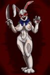  anthro areola big_breasts black_eyes blue_bow bow_(disambiguation) breasts buckteeth female five_nights_at_freddy&#039;s fur genitals grey_body grey_fur holding_knife holding_object holding_weapon knife lagomorph leporid looking_at_viewer mammal navel nipples nude open_mouth open_smile pussy rabbit red_background red_sclera scottgames seam_(sewing) simple_background smile solo stitch_(sewing) tan_areola tan_nipples teeth thick_thighs touijou777 vanny_(fnaf) video_games weapon whiskers wide_hips 