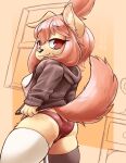  absurd_res anthro biscuit_(blasticussaturn) blasticussaturn butt canid canine clothing female hi_res hoodie legwear looking_at_viewer looking_back mammal panties presenting presenting_hindquarters raised_tail red_eyes signature simple_background smile solo thigh_highs topwear underwear 